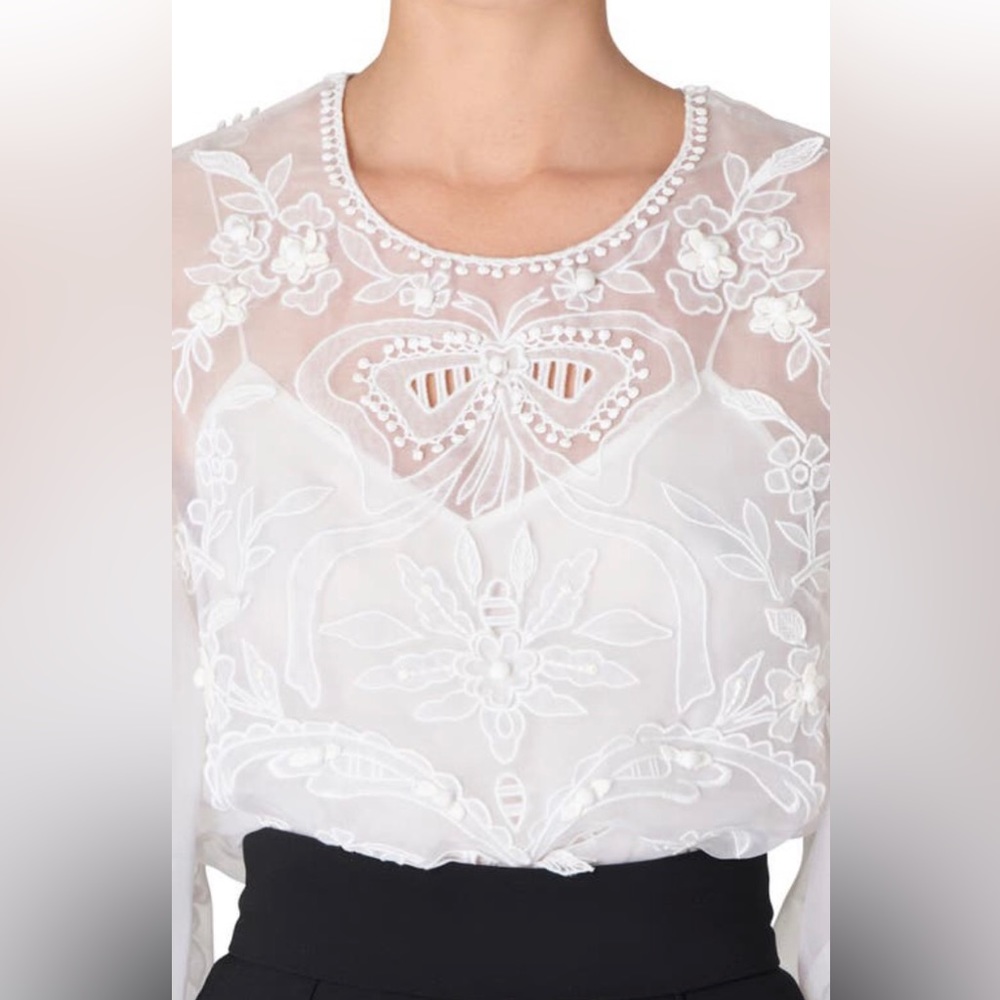 NWT $1890 Carolina Herrera Embroidered Puff Sleeve Silk Organza Blouse, White, 4 - Picture 5 of 6